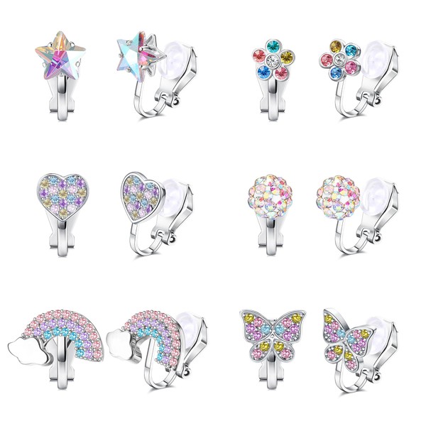 CASSIECA 8 Pairs Hypoallergenic Clip Earrings for Girls Clip Earrings Children without Ear Hole Clip Earrings in Heart Shape Floral Pattern and Butterfly