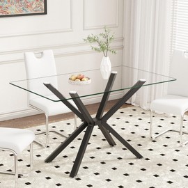 Dining Table Modern Tempered Glass Dinner Table, Rectangle Kitchen Table with Sturdy Metal Legs, Contemporary Minimalist Design, Ideal for Dining Room, Kitchen, or Small Spaces (Black, 47.24")