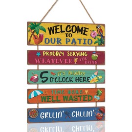 KAIRNE Welcome To Our Patio Signs,Summer Vibe Wooden Outdoor Wall Art,Hawaii print Backyard Wooden Hanging Decorations,Porch Signs Housewarming Gifts for Friends Family Home Porch Garden Bar Decor