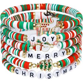 Artlunar 6 Pack Christmas Bracelets: Joy & Merry Candy-Style Stacks for Women & Teens - Perfect Christmas Gifts - Age 3 to Adult