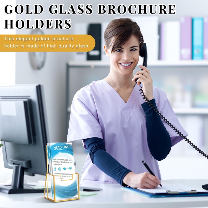 Fuyoooo 2 Pcs Gold Glass Brochure Holder Stand 4 Inch