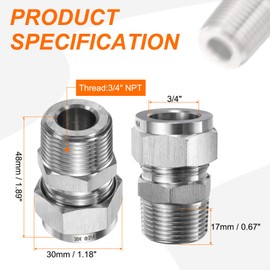 sourcing map Compression Fitting 3/4" Tube OD x 3/4" NPT Male Thread Stainless Steel Straight Coupler Adapter Compression Tube Pipe Fitting Connector for Oil Gas Water