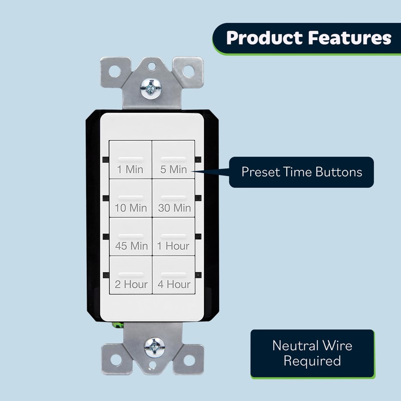 TOPGREENER Wall Countdown Timer Switch, 1-5-10-30-45 min, 1-2-4 Hour, Light