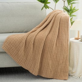 GINAMUSE Camel Ultra Soft Knit Throw Blanket for Couch,60"X80" Microfiber Fluffy Cozy Warm Knitted Blankets with Checked Pattern for Sofa Bed