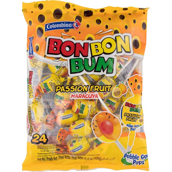 Colombina Bon Bon Bum Passion Fruit Bubble Gum Lollipops, Pack of 24 Bubble Gum Pops