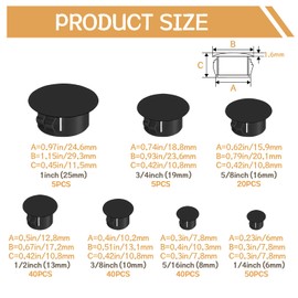 200PCS 7 Sizes Black Hole Plugs Nylon Plastic Plugs for Round Holes, 1" 3/4" 5/8" 1/2" 3/8" 5/16" 1/4" Round Hole Cover Snap Locking, Used for Plastic Furniture, Cabinet Furniture DD016-b