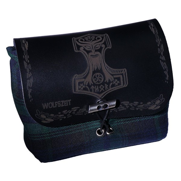 'Green Kilt Bag/Belt "Mjolnir Thor's Hammer Pendant with Black Leather and Engraving