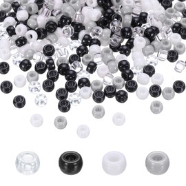 HARFINGTON 1000Pcs Pony Beads 6x9mm 4 Assorted Colors Acrylic Bulk Plastic Barrel Bead White Gray Clear Black for Necklace Key Chain Jewelry Making