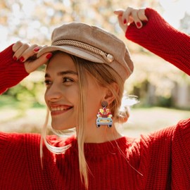 4Pairs Wooden Fall Earrings for Women Thanksgiving Day Earrings Cute Pumpkin Maple Leaf Sunflower Teardrop Dangle Earrings Lightweight Fun Autumn Drop Earrings