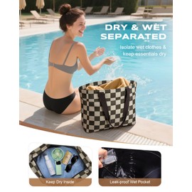 Vewaci Beach Bag, 35L Large Beach Bags Waterproof Sandproof for Women, Beach Tote Pool Bag with Zipper Wet Compartment for Beach, Gym, Daily Commuting, Travel Vacation Essentials (Checkered)