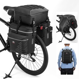 KEMIMOTO Bicycle Panniers Combo 3-in-1, Bike Saddle Grocery Bag with Waterproof Rain Cover, 52L Large Capacity Storage Cargo Cycling Backpack, Mountain Road E-bike Trunk Bag, Black