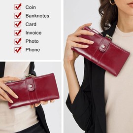 Contact's Kiss Lock Wallet for Women Leather, Kiss Clasp Wallet Coin Card Purse RFID Clutch Wallet Zipper Red Vintage Phone Holder