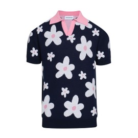 OXKNIT V-Neck Knit Polo for Men Geometric Patterns Dark Blue Knit Casual Golf Poloshirts