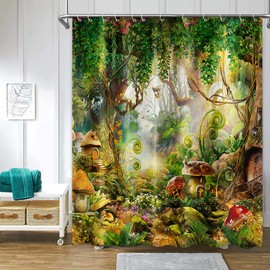 ChloropLastid Fantasy Mushroom House Shower Curtain Sets with Hooks Magic Jungle Wonderland Fairy Tale Scenery Kids Bathroom Decor Curtain Durable Polyester Water Resistant Fabric 72X72 Inches