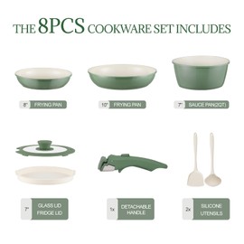 Ceramic Cookware Set Non Stick 8Pcs Pots and Pans Set Detachable Handle Induction Kitchen Cooking Set with Frying Pans Oven Dishwasher Safe, PFAS/PFOA Free, Forest Green