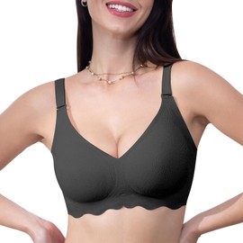 HORISUN Women Push Up Seamless No Underwire Soft Support Full Coverage Ladies V Neck Wireless Bra (Grey,XL)
