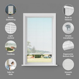 Room Darkening Cordless Mini Blind - 29" W x 64" L - White, Over 1,400 Custom Sizes Starting at 9.97, Durable 1" Vinyl Slats, Smooth Lift Operation, Horizontal Window Shades by Lumino