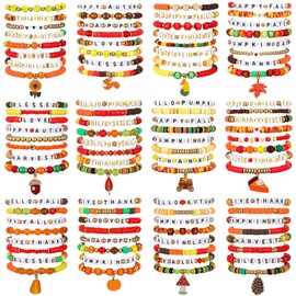 Ecation 96 Pcs Thanksgiving Bracelets Set Thanksgiving Party Favors Bracelet Fall Friendship Bracelets Bulk Autumn Charm Stretch Bracelets Adjustable Flat Beaded Bracelet for Friend Gifts