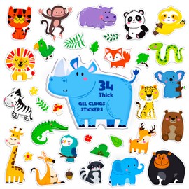 34PCS Wild Animal Jelly Stickers, Thick Window Door Clings Removable Reusable Gel Clings Decals for Kids Toddlers Adults Home Classroom Nursery Animal Theme Party Supplies Decorations (Not Edible)