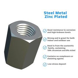 M8 Hex Coupling Nuts (24 mm 13 mm) Long Rod Nut Internal Thread Alloy Steel Galvanised for DIN 6334 (Pack of 10) Length 24 mm