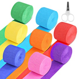 8 Rolls Crepe Paper Colourful, 8 Colours Crepe Tape Colourful, Crepe Ribbons Rainbow, Crepe Paper with 1 Scissors for Weddings, Birthdays, Party Decorations (4.5 cm x 25 m)
