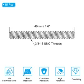 PATIKIL 3/8"-16 UNC 304 Stainless Steel Fully Threaded Rod, 15Pcs 1.6" Length Long Threaded Screw Right Hand Threads All Threaded Rod Studs for Anchoring Bolt, Clamps, Hangers and U-Bolts