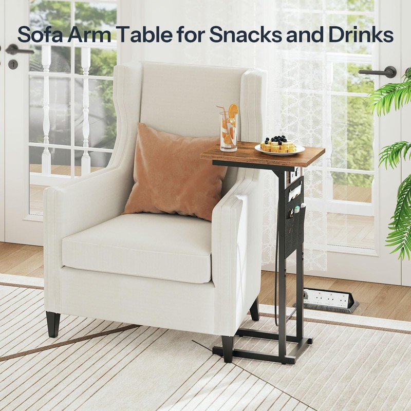 HOOBRO C Shaped Side Table with Charging Station, Slide Under