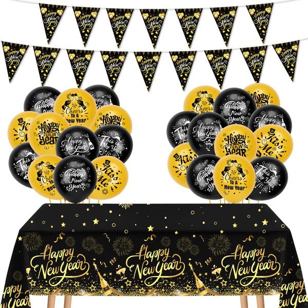 HOWAF Happy New Year Party Table Covers,2024 New Year Party Decoration Set,Happy New Year Tablecloth,Happy New Year Pennant Banner,Happy New Year balloons for New Years Eve Party Supplies,Black Gold