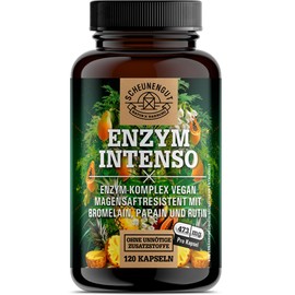 Enzyme Intenso Bromelain Capsules – Important: Laboratory Tested Formula with Bromelain (5000 F.I.P), Papain, Rutin I Pineapple + Papaya Enzyme -120 Gastric Juice-Resistant Capsules - DE SCHEUNENGUT