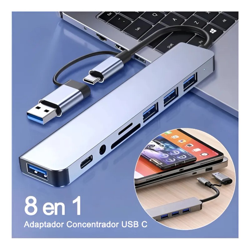 De Usb Hub 8 En 1 Azul Claro, 4 Puertos