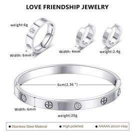 3 Pcs Gold Hoop Earrings Bracelets Ring Sets for Women-Silver Love Bracelet Cubic Zirconia Cuff Bangle Hoop Earrings Friendship Love Ring,Wedding Party Christmas Valentine's Day Birthday Gifts for Her