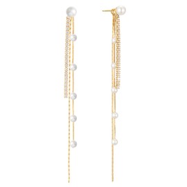 SWEETV 14K Gold Plated Long Pearl Drop Dangle Earrings for Women, Tassel Chain Baroque Pearl Wedding Bridal Earrings for Brides Bridesmaids, Prom Jewelry Gifts, Copper, Pearl