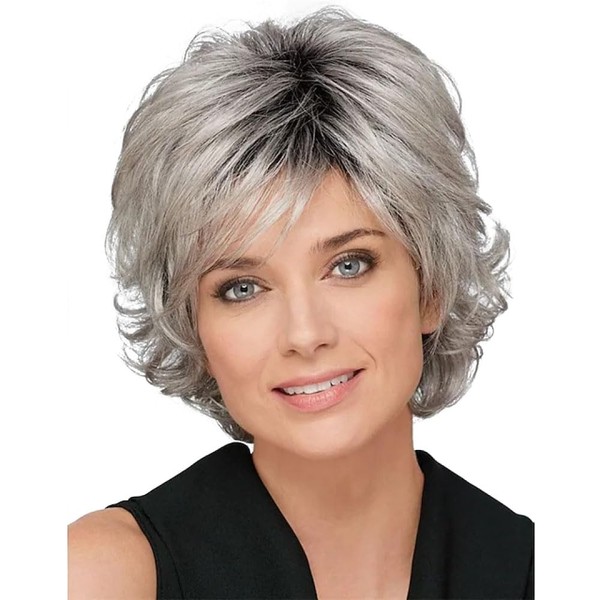Fluffy Gray Women's Wig with Bangs - Heat-resistant Fiber Natural