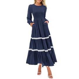 KIRUNDO Womens Smocked Long Sleeve Maxi Dress Wedding Guest Spring Fall Boho Tiered Lace Trim Flowy Long Dresses Pockets(Navy, XX-Large)