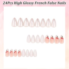 French Tip False Nails Almond - 24Pcs Glitter White Press On Nails with Cherry - Full Cover White Tip Fake Nails with Glue - Removable Glossy Stick On nails for Women Girls Nail Art DIY