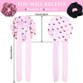 1+2 Large Butterfly Satin Bonnets with Scrunchies, Adjustable Hair Bonnets, Sleeping Tie Bonnet for Braids Curly Hair, Black+Pink Satin Bonnet for Women