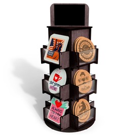 DS The Display Store 3 Tier Rotating Sticker Display Stand for Vendors, Black Wooden Countertop Organizer Shelf for Coasters, Retail, Showcase, Tradeshow