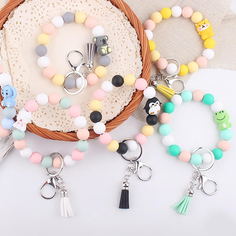 Animals Beaded Silicone Bracelet Wristlet Keychain, Cat Dog Elephant Lamb