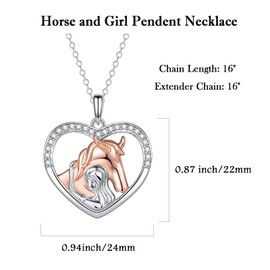 EPIRORA Horse Gifts for Girls, 925 Sterling Silver Horse & Girl Heart Pendant Necklaces | Sparkly Cubic Zirconia Necklace Jewelry Birthday Gifts for Women Horse Lovers Friends, 16''