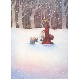 Sellers Publishing RSVP Little Animal Giving Santa a Toy Deer in Falling Snow Mary Melcher Christmas Card