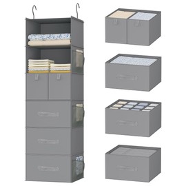Bosuelife 6-Shelves Hanging Closet Organizer with 5 Different Drawers, Foldable Closet Organizers and Storage for Wardrobe, Closet& RV, Clothes and Accessories Storage, Non-Woven Fabric, Gray