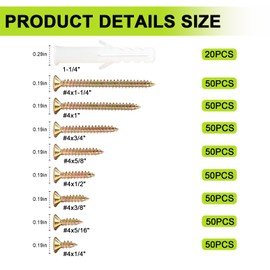 #4 Flat Head Small Wood Screws Assortment kit, 420Pcs, Phillips Short Screw, Yellow Zinc Plated, Cabinet Hinge Mounting, Electronics DIY Micro Screws Fasteners Set, Contains 20pcs M6 Screw Anchors
