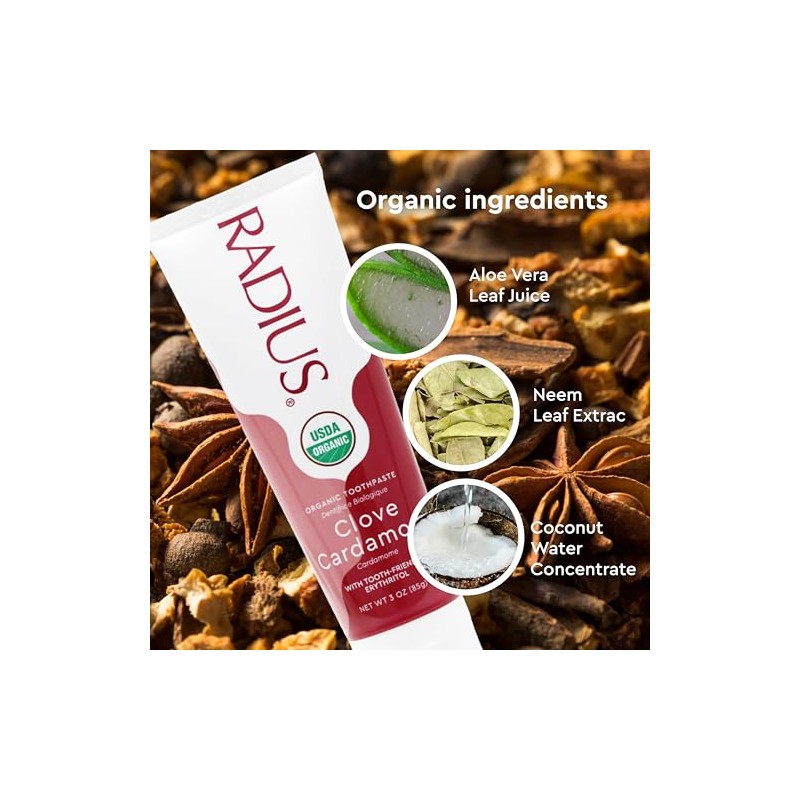 RADIUS USDA Organic Clove Cardamom Toothpaste 2 Count, 3oz, Non