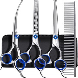 5 in1 Dog Grooming Scissors Kit, Professional Dog Scissors for Grooming with Safety Round Tips, Titanium Coated Grooming Scissors Kit for Dogs Cat Pet At Home:_Blue