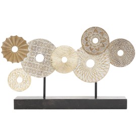 Deco 79 Metal Floral Decorative Sculpture Overlapping Circle Home Decor Statue with Black Metal Stand and Gold Details, Accent Figurine 19" x 3" x 12", Beige