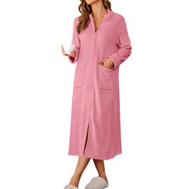Ekouaer Women Zipper Robe Fleece Long Sleeves Bathrobe Sleepwear Warm Soft Housecoat with Pockets Zip Up House Dresses