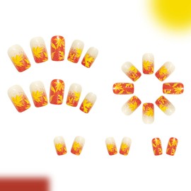 Fall Maple Leaf Press on Nails Short Square Fake Nails with Glue Autumn Leaves Thanksgiving Glossy Acrylic Nails Stick on Nails for Women DIY Manicure Thanksgiving Party Nail Decoration Supply 24Pcs