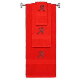 BY LORA Custom Embroidered Terry Cotton Ring Spun Bath Towel, Hand Towel and Washcloth Set - Red Towel Set, Black Chancery Initial A