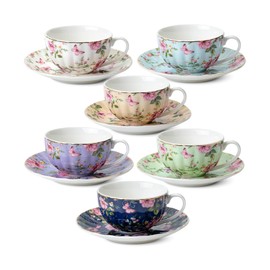 BTaT- Floral Tea Cups and Saucers, 7 oz, Tea Cups Set of 6, Porcelain Tea Cups, Cup & Saucer Sets, Tea Cup Set of 6, Tea Cup Sets for Adults, Tea Cups and Saucers Set of 6, Tea Cups and Sets