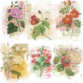 Floral Rice Paper 8" x 10.5" 6 x Assorted Printed Mulberry Paper Images 30gsm Visible Fibers for Decoupage Crafts, Mixed Media Collage Art